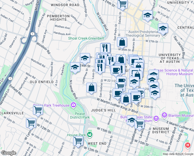 map of restaurants, bars, coffee shops, grocery stores, and more near 25 Leon Street in Austin