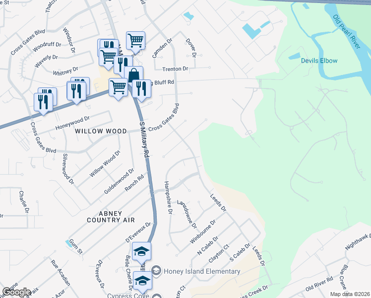 map of restaurants, bars, coffee shops, grocery stores, and more near 200 Leeds Drive in Slidell