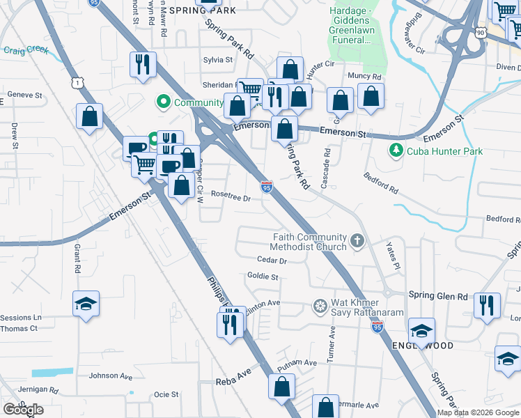 map of restaurants, bars, coffee shops, grocery stores, and more near 3820 Abby Lane in Jacksonville