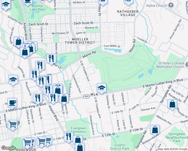 map of restaurants, bars, coffee shops, grocery stores, and more near 2101 East M Franklin Avenue in Austin