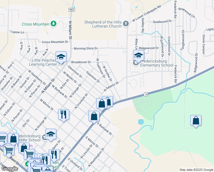 map of restaurants, bars, coffee shops, grocery stores, and more near 108 East Trailmoor Drive in Fredericksburg