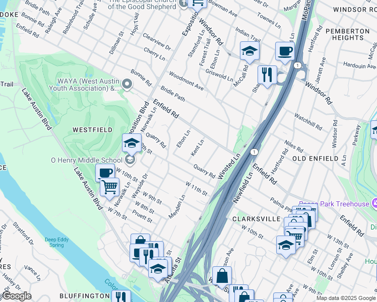 map of restaurants, bars, coffee shops, grocery stores, and more near 1308 Kent Lane in Austin