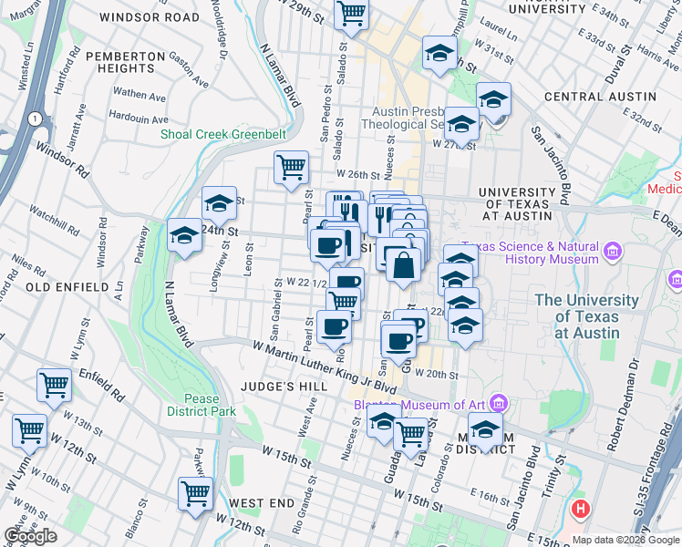 map of restaurants, bars, coffee shops, grocery stores, and more near 2222 Rio Grande Street in Austin