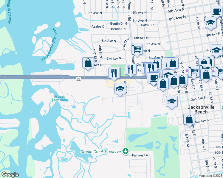 map of restaurants, bars, coffee shops, grocery stores, and more near 51 Jardin De Mer Place in Jacksonville Beach