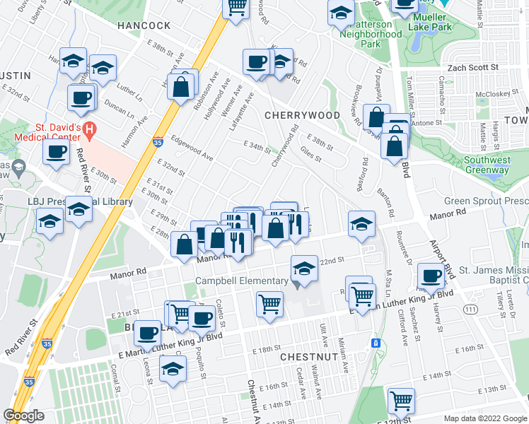 map of restaurants, bars, coffee shops, grocery stores, and more near 1708 East 32nd Street in Austin