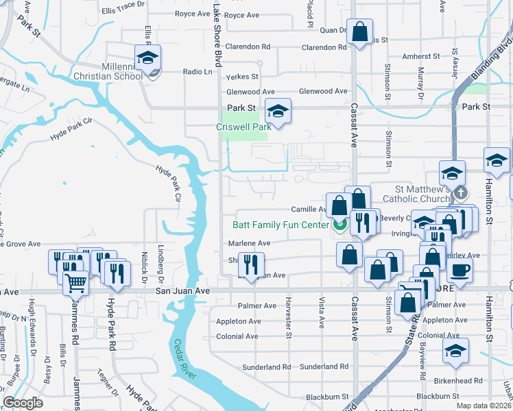 map of restaurants, bars, coffee shops, grocery stores, and more near 5281 Camille Avenue in Jacksonville