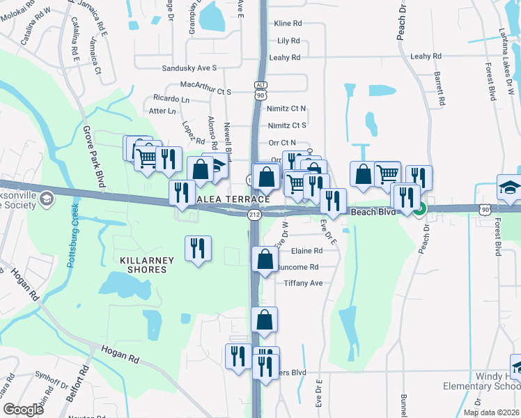 map of restaurants, bars, coffee shops, grocery stores, and more near 9713 Beach Boulevard in Jacksonville
