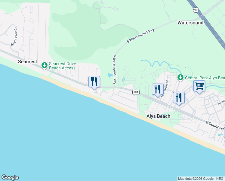 map of restaurants, bars, coffee shops, grocery stores, and more near 25 Sand Cliffs Drive in Panama City Beach