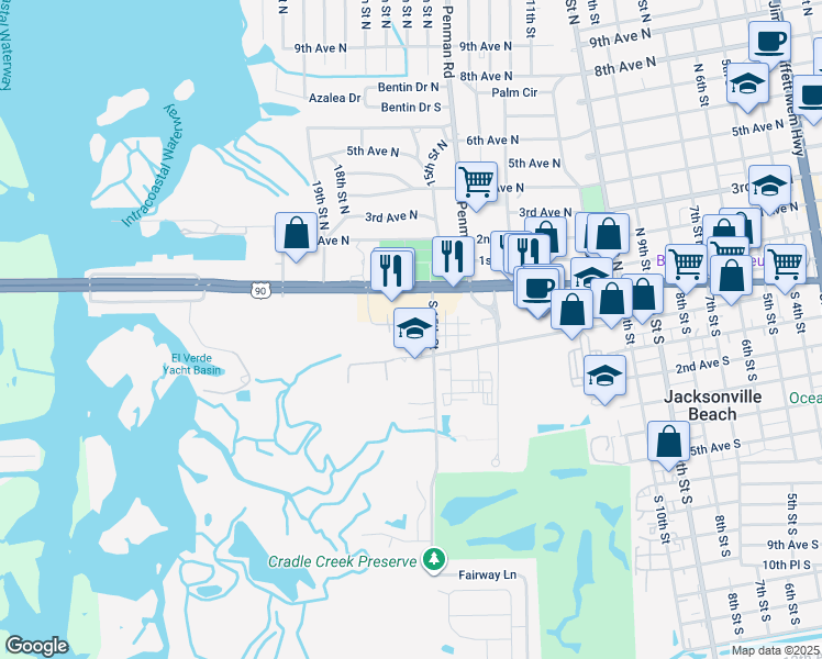map of restaurants, bars, coffee shops, grocery stores, and more near 71 Jardin De Mer Place in Jacksonville Beach