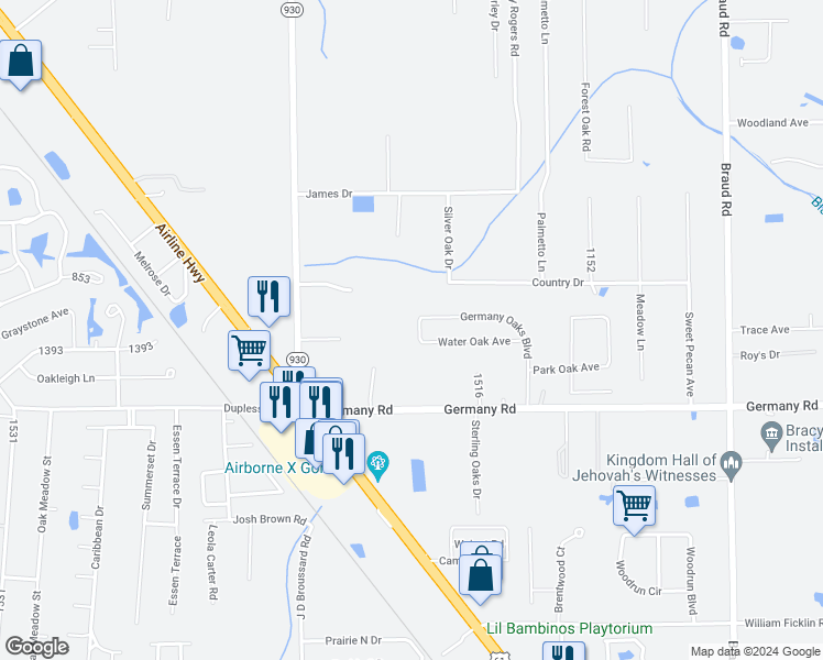 map of restaurants, bars, coffee shops, grocery stores, and more near 15111 Laurel Oak Avenue in Prairieville