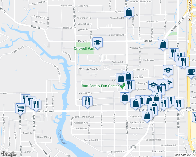 map of restaurants, bars, coffee shops, grocery stores, and more near 5221 Camille Avenue in Jacksonville