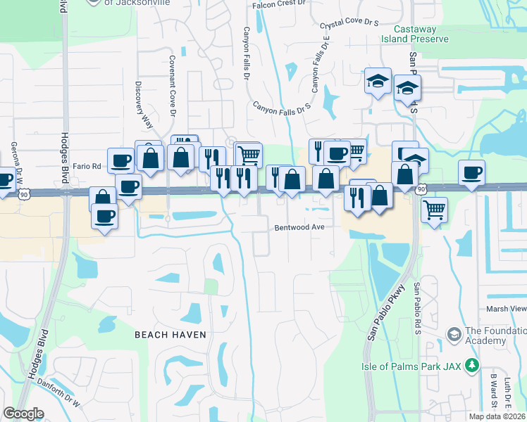 map of restaurants, bars, coffee shops, grocery stores, and more near 3339 Aldridge Mall in Jacksonville