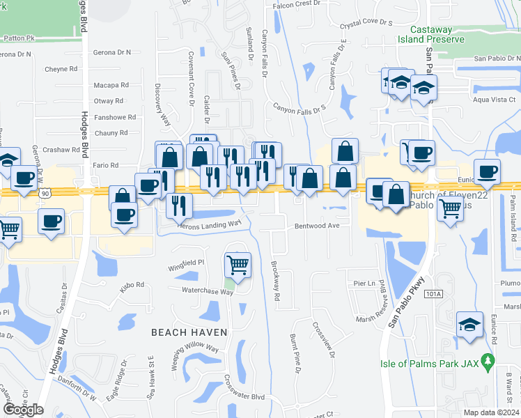 map of restaurants, bars, coffee shops, grocery stores, and more near 14011 Aldridge Road North in Jacksonville Beach