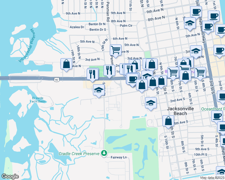map of restaurants, bars, coffee shops, grocery stores, and more near 187 Jardin De Mer Place in Jacksonville Beach