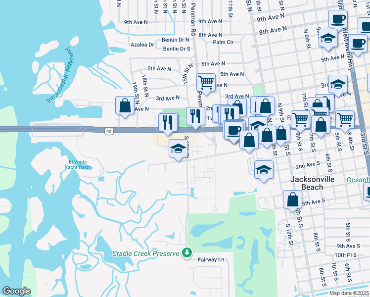 map of restaurants, bars, coffee shops, grocery stores, and more near 187 Jardin De Mer Place in Jacksonville Beach