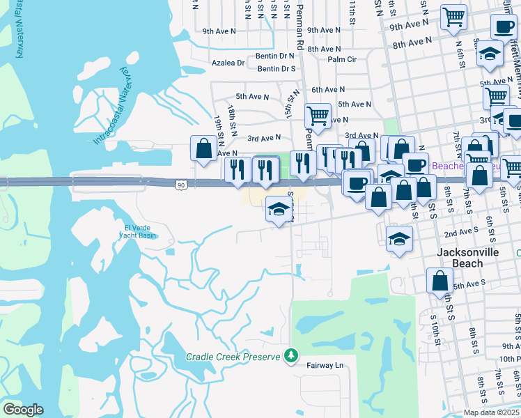 map of restaurants, bars, coffee shops, grocery stores, and more near 51 Jardin De Mer Place in Jacksonville Beach