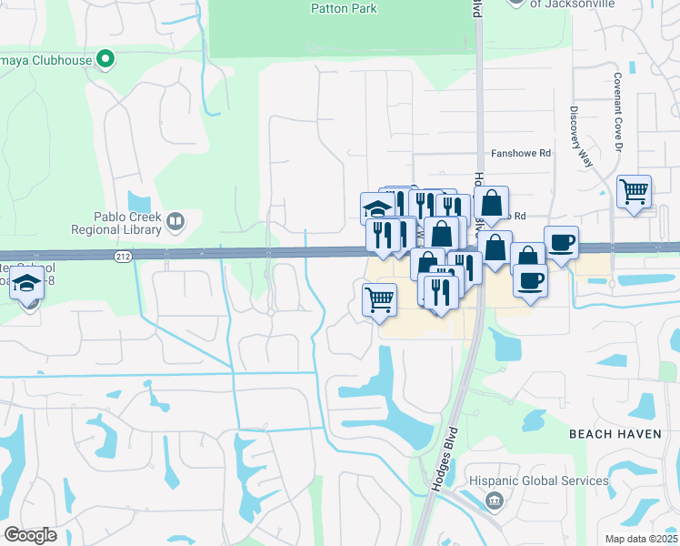 map of restaurants, bars, coffee shops, grocery stores, and more near 13364 Florida 212 in Jacksonville