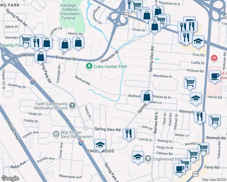map of restaurants, bars, coffee shops, grocery stores, and more near 4749 Bedford Road in Jacksonville