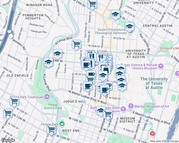 map of restaurants, bars, coffee shops, grocery stores, and more near 2222 1/2 Rio Grande Street in Austin