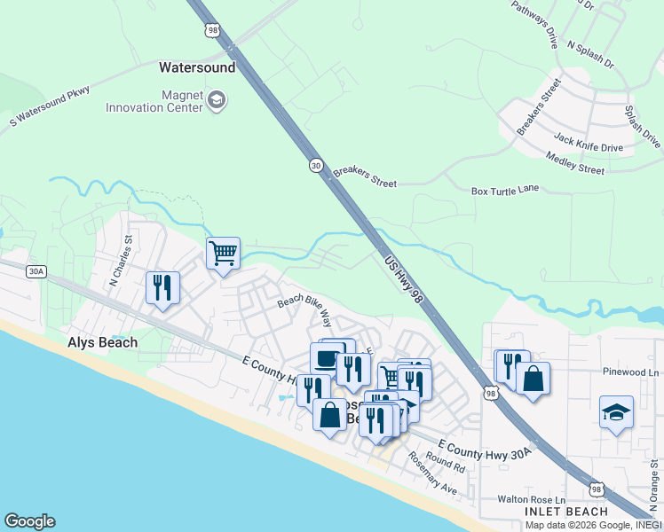 map of restaurants, bars, coffee shops, grocery stores, and more near 149 Redbud Lane in Rosemary Beach