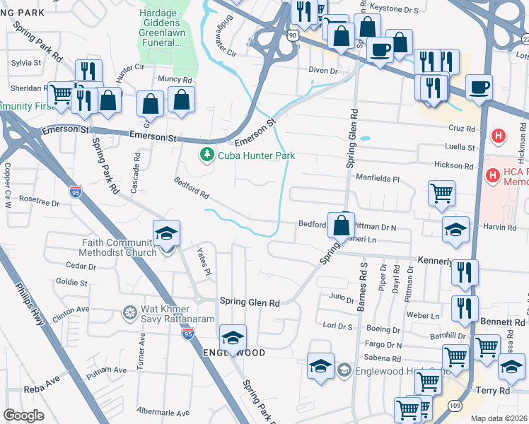 map of restaurants, bars, coffee shops, grocery stores, and more near 4749 Bedford Road in Jacksonville