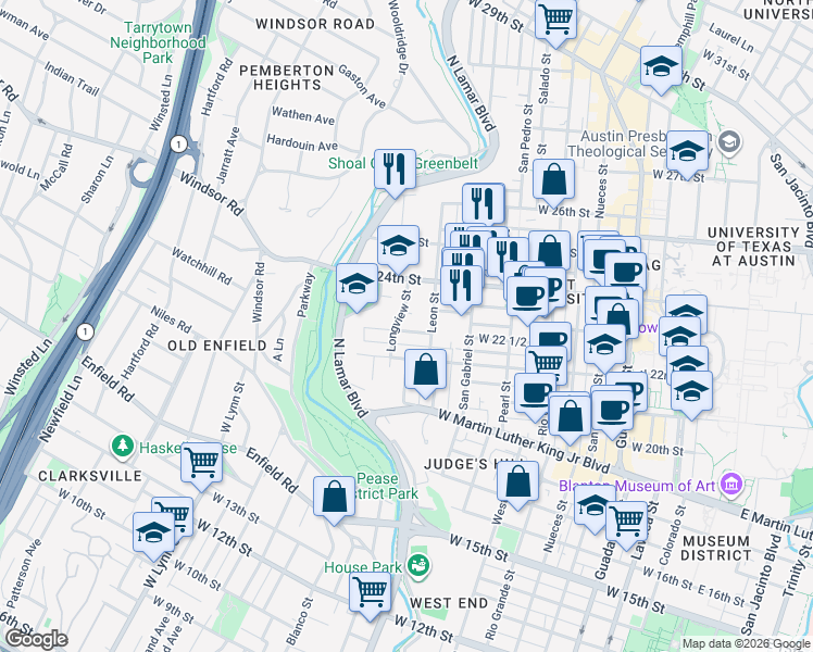 map of restaurants, bars, coffee shops, grocery stores, and more near 1111 West 22 1/2 Street in Austin