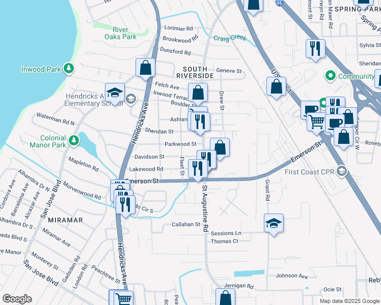 map of restaurants, bars, coffee shops, grocery stores, and more near 1825 Davidson Street in Jacksonville