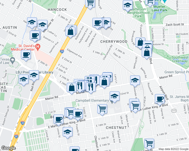 map of restaurants, bars, coffee shops, grocery stores, and more near East 32nd Street & Cherrywood Road in Austin