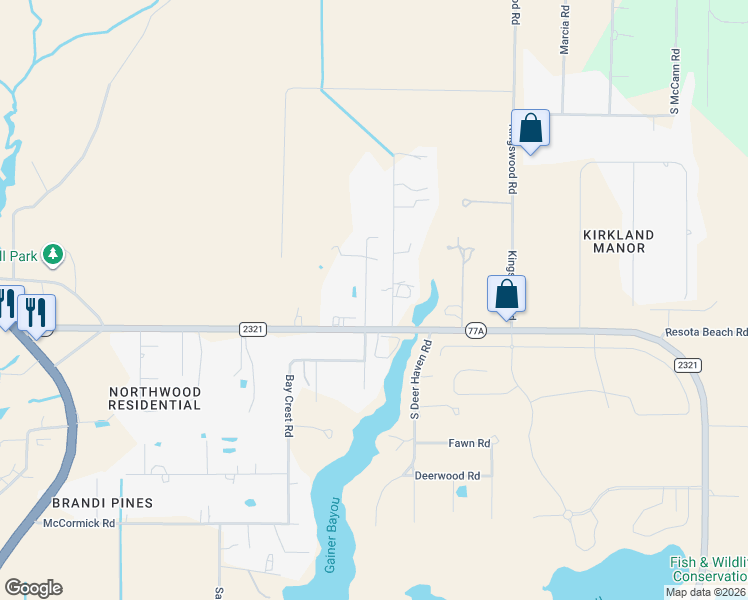 map of restaurants, bars, coffee shops, grocery stores, and more near 7516 North Gainer Bayou Road in Bay