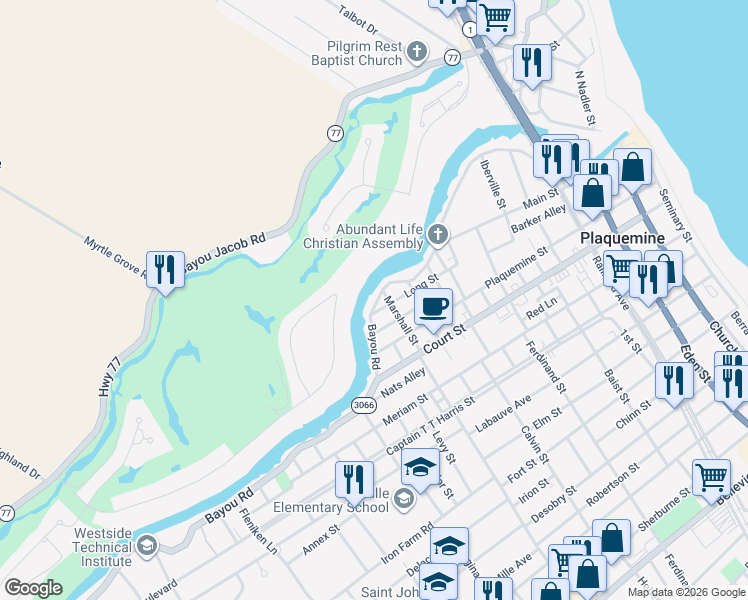 map of restaurants, bars, coffee shops, grocery stores, and more near 58430 Long Street in Plaquemine
