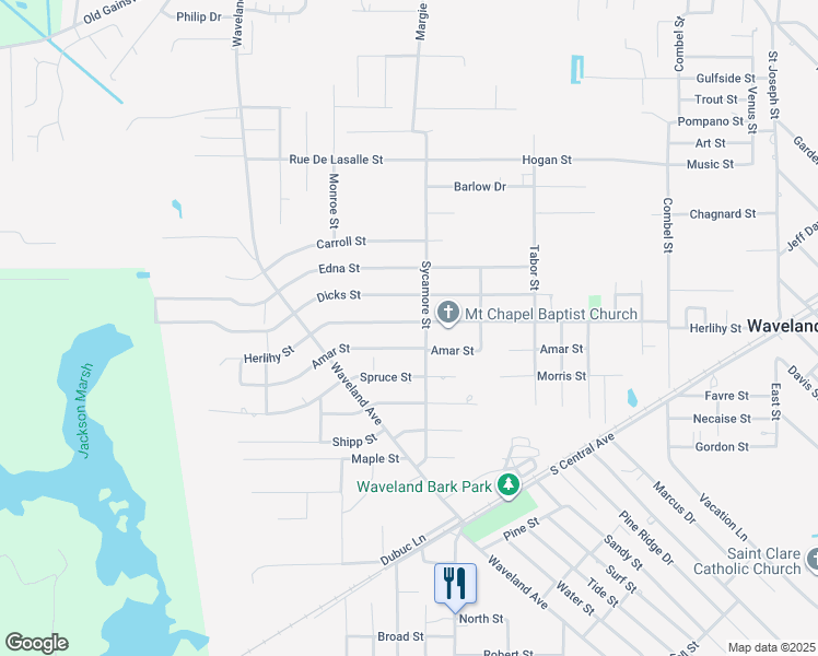 map of restaurants, bars, coffee shops, grocery stores, and more near 810 Amar St in Waveland
