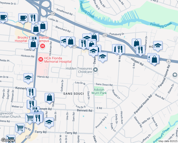 map of restaurants, bars, coffee shops, grocery stores, and more near 1920 Dean Road in Jacksonville