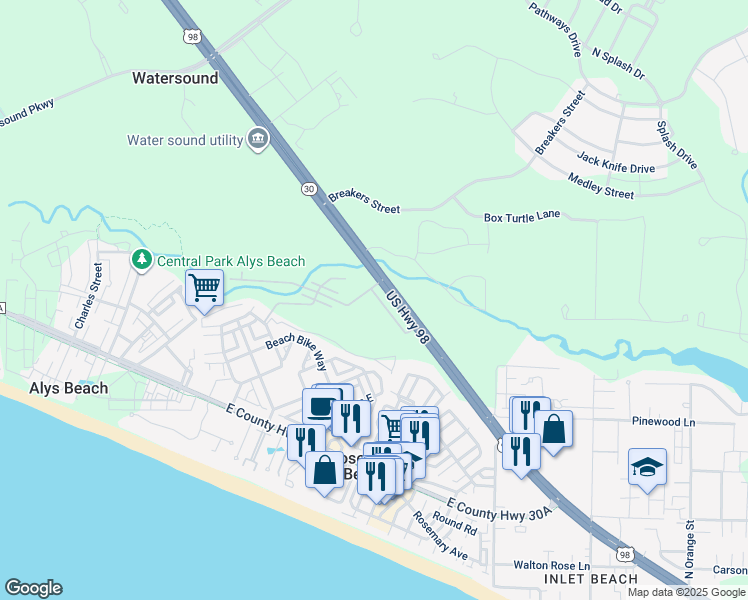 map of restaurants, bars, coffee shops, grocery stores, and more near 65 Redbud Lane in Rosemary Beach
