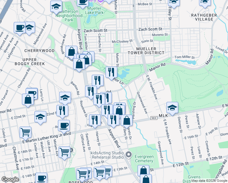 map of restaurants, bars, coffee shops, grocery stores, and more near 2213 Tillery Street in Austin