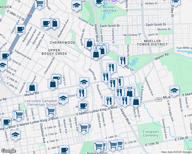 map of restaurants, bars, coffee shops, grocery stores, and more near 3404 Banton Road in Austin