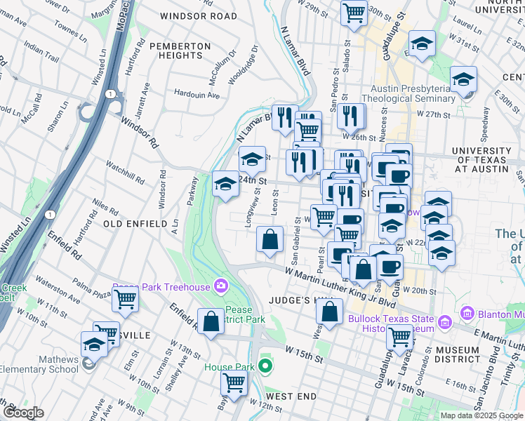 map of restaurants, bars, coffee shops, grocery stores, and more near 1111 West 22 1/2 Street in Austin