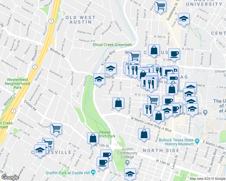 map of restaurants, bars, coffee shops, grocery stores, and more near 1111 West 22 1/2 Street in Austin