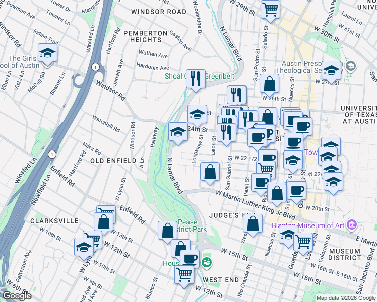 map of restaurants, bars, coffee shops, grocery stores, and more near 1211 West 22 1/2 Street in Austin