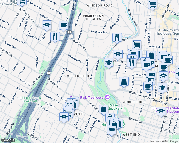 map of restaurants, bars, coffee shops, grocery stores, and more near 2200 Windsor Road in Austin