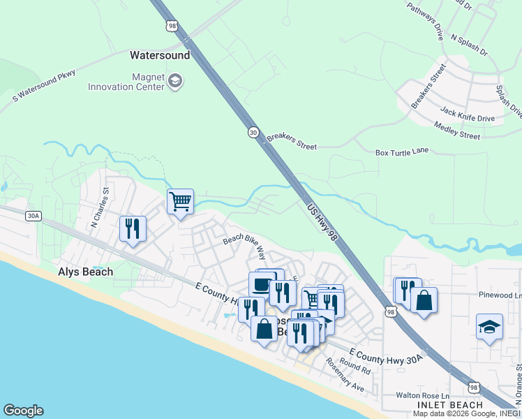 map of restaurants, bars, coffee shops, grocery stores, and more near 149 Redbud Lane in Rosemary Beach