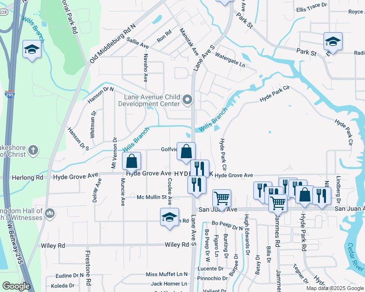 map of restaurants, bars, coffee shops, grocery stores, and more near 6731 Golfview Street in Jacksonville