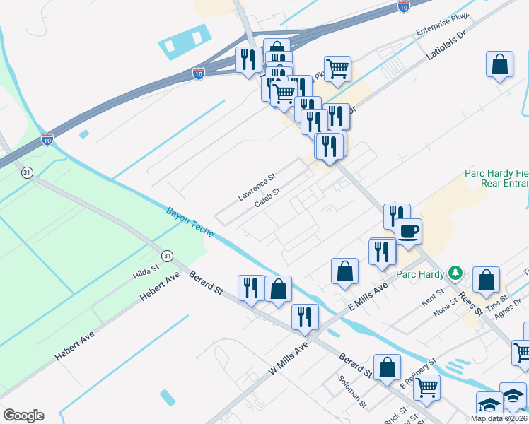 map of restaurants, bars, coffee shops, grocery stores, and more near Bridgewater Place in Breaux Bridge