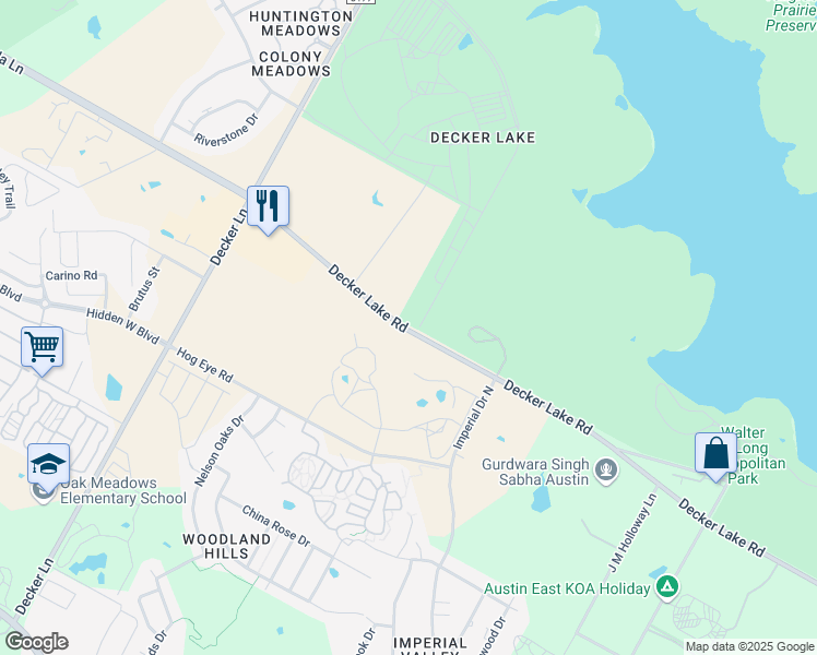 map of restaurants, bars, coffee shops, grocery stores, and more near 9608 Decker Lake Road in Austin