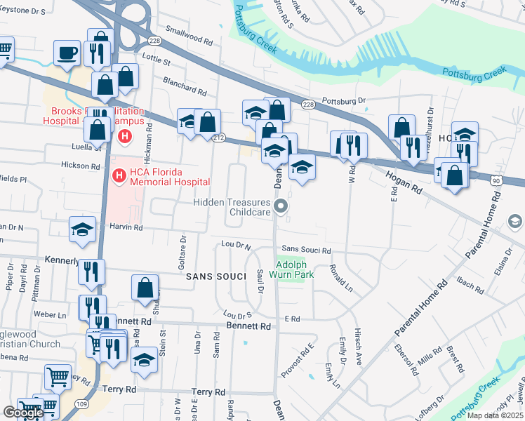 map of restaurants, bars, coffee shops, grocery stores, and more near 1920 Dean Road in Jacksonville