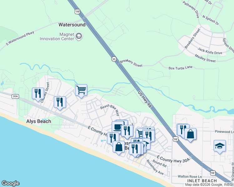 map of restaurants, bars, coffee shops, grocery stores, and more near 195 Redbud Lane in Rosemary Beach