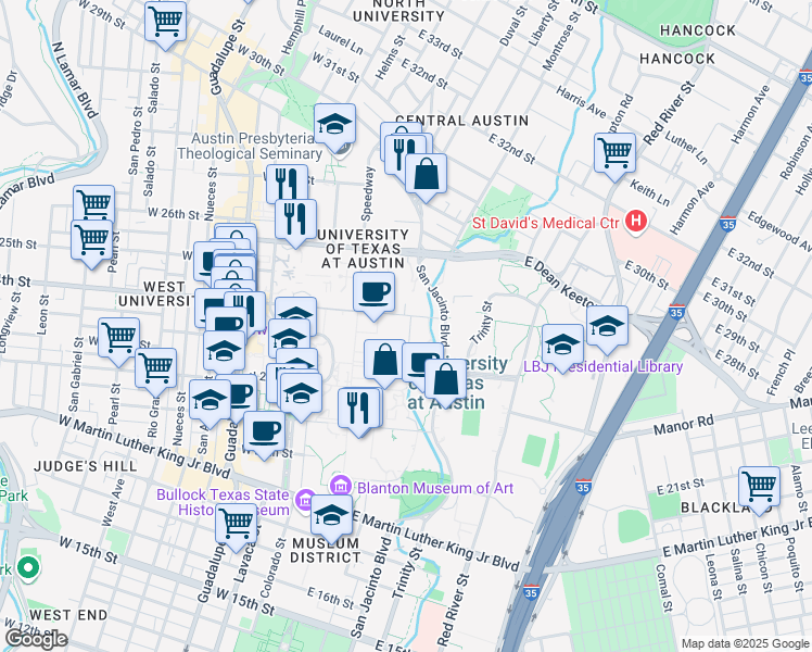 map of restaurants, bars, coffee shops, grocery stores, and more near 301 East 24th Street in Austin