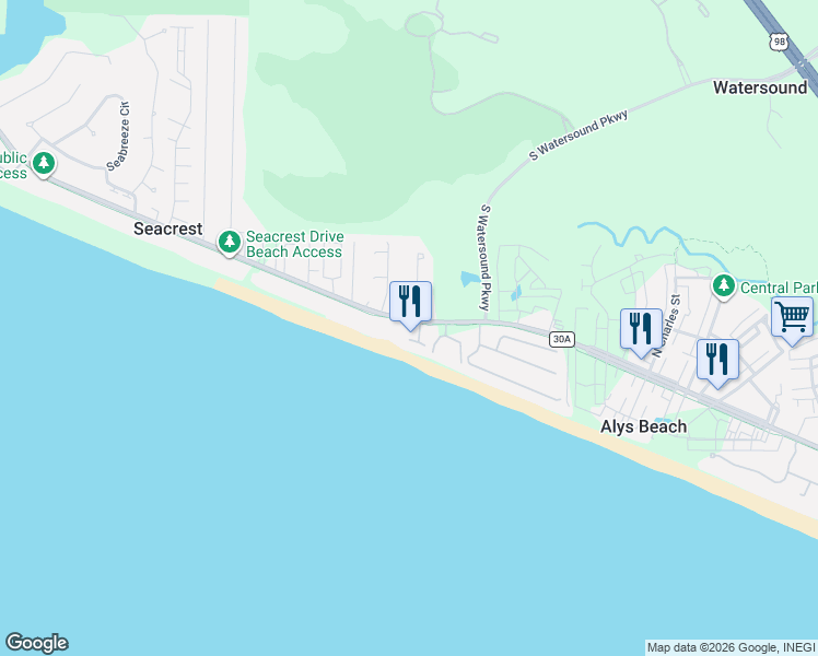 map of restaurants, bars, coffee shops, grocery stores, and more near 87 Green Street in Rosemary Beach