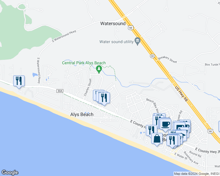 map of restaurants, bars, coffee shops, grocery stores, and more near Caliza Lane in Panama City Beach