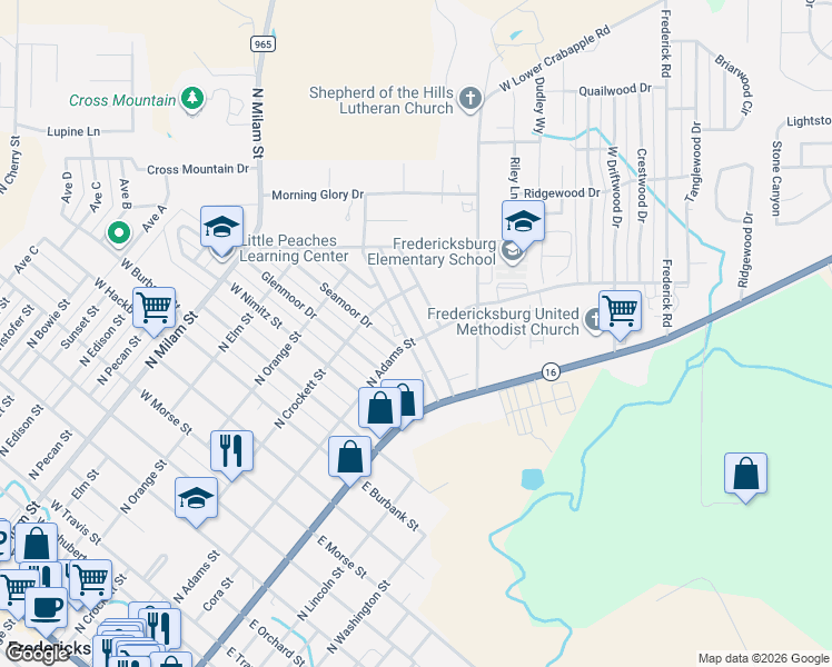 map of restaurants, bars, coffee shops, grocery stores, and more near 108 East Trailmoor Drive in Fredericksburg