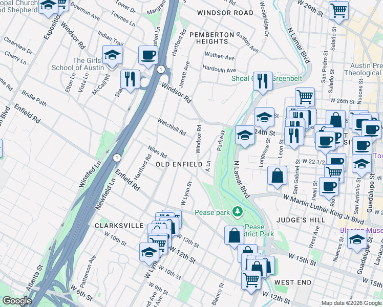 map of restaurants, bars, coffee shops, grocery stores, and more near 2208 Windsor Road in Austin